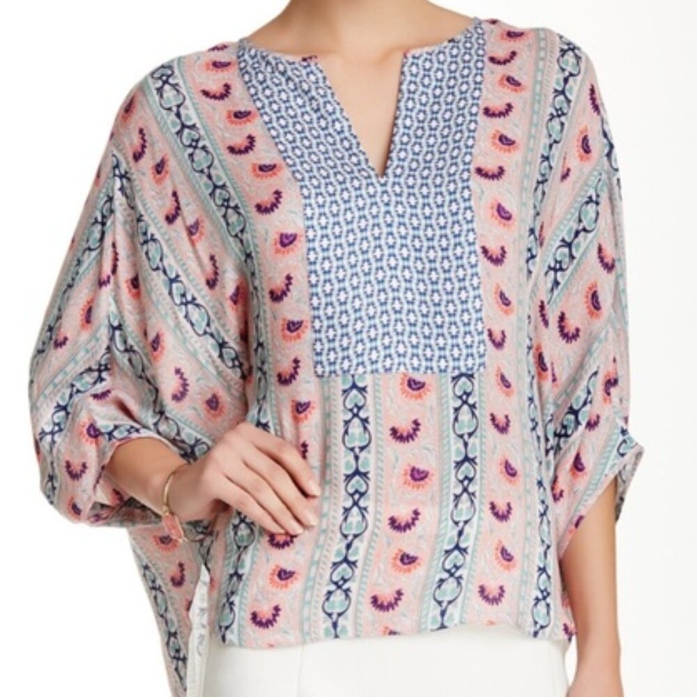 BCBGMAXAZRIA Poncho Blouse Top BCBG Beachy Boho Pattern Stripes Rayon Festival